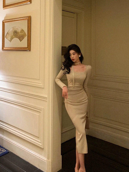 Square neck knitted dress for women new style party dress S5585