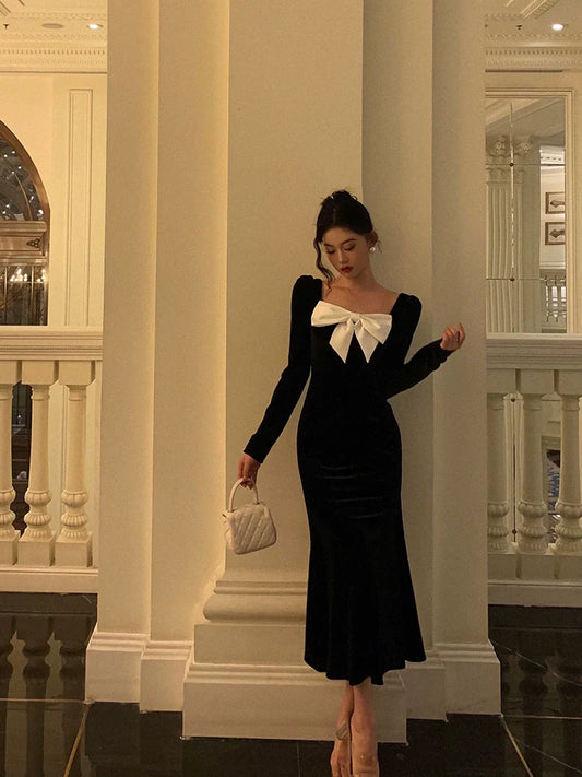Bowknot velvet dress for women new style long party dress S5555