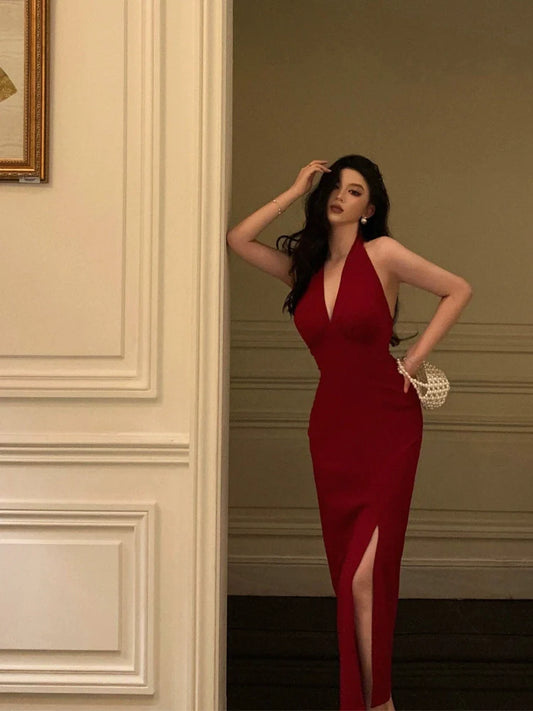Red sexy halter neck dress retro slit party dress S5573