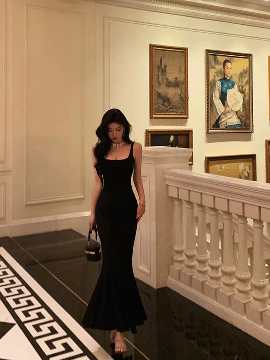 Black suspender mermaid dress summer new backless sexy long party dress S5574