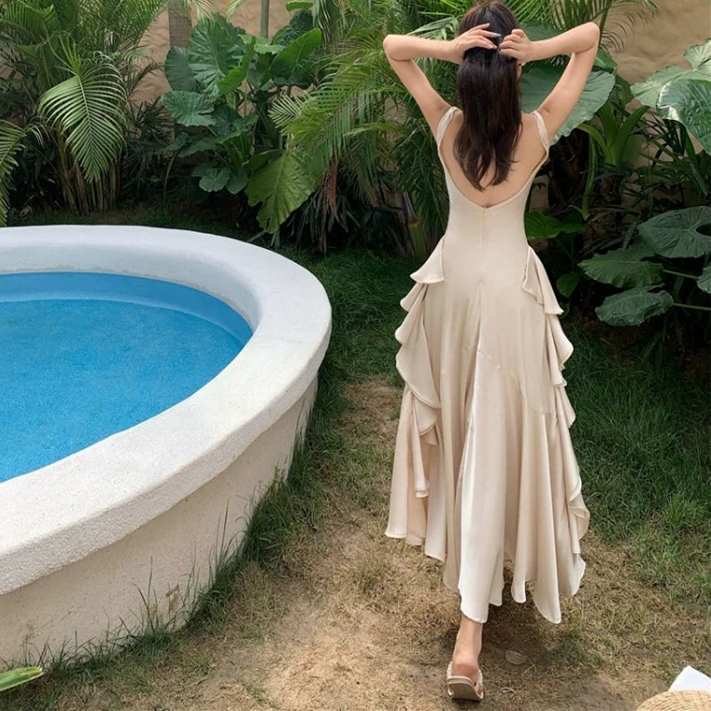 Long design beach seaside vacation ruffled backless green suspender dress S5781