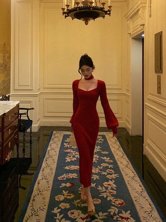 Red scarf knitted dress new retro square neck dress S5534