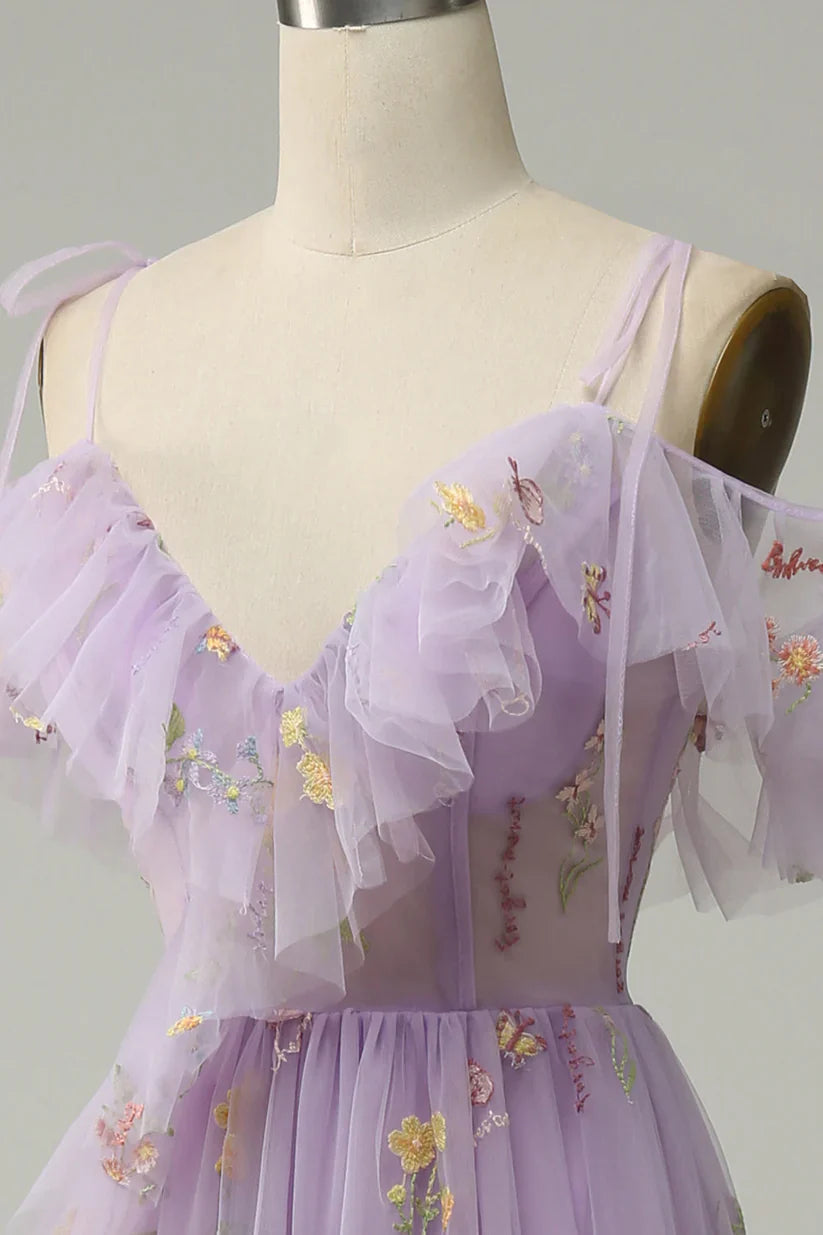 Lilac Off-the-Shoulder Embroidery Ruffled Long Prom Dress with Slit S2613