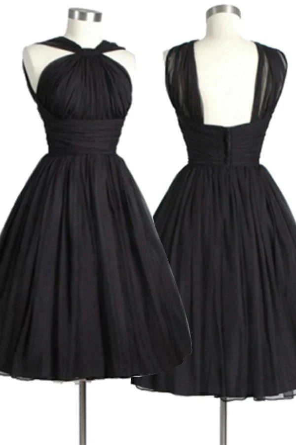 Vintage Knee-Length Sleeveless Open Back Black Homecoming Dress Ruched fg3485