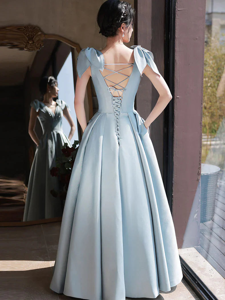 blue v neck satin beads long prom dress, blue evening dress fg2249