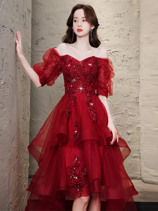 Chic Wine Red High Low Short Sleeves Party Dress, Wine Red High Low Homecoming Dress S2558