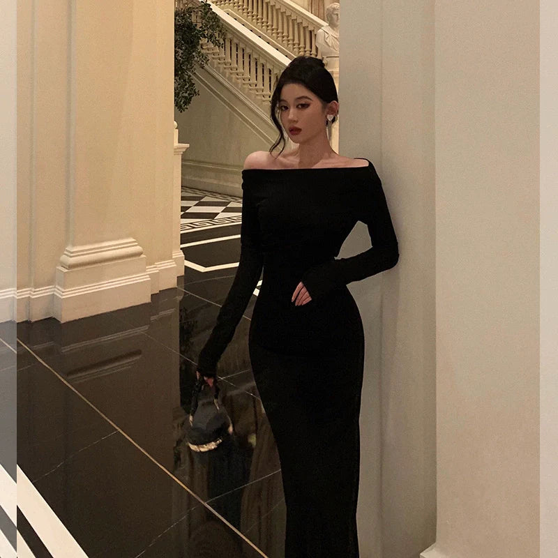 Black off shoulder long-sleeved dress for women party dress S5614