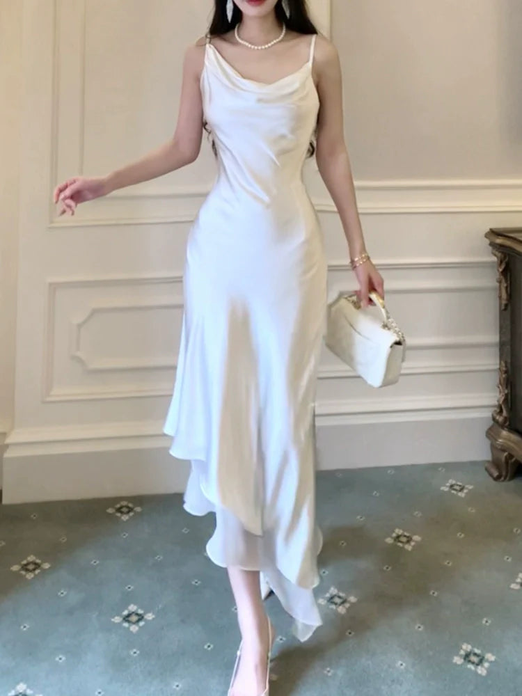 white satin dress long evening dress S5949