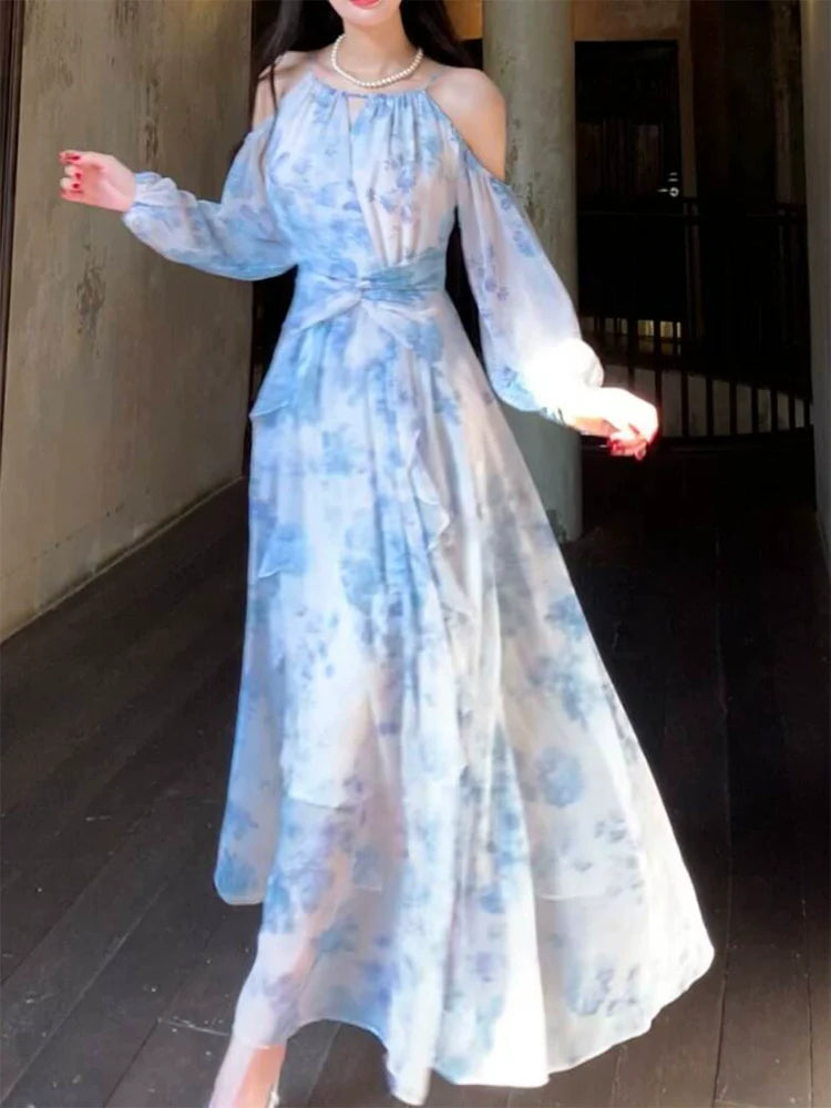 Chiffon printed dress women's seaside holiday long dress party dress S6153