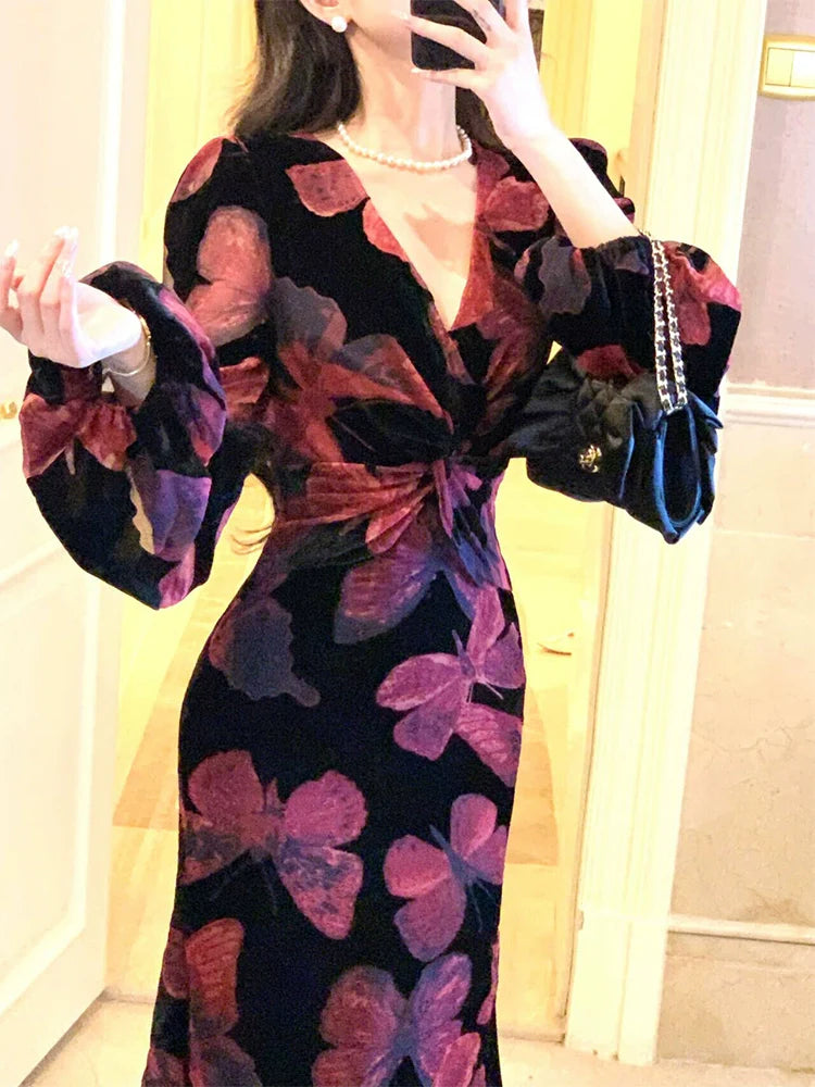 Retro velvet butterfly dress elegant V-neck long party dress S6105