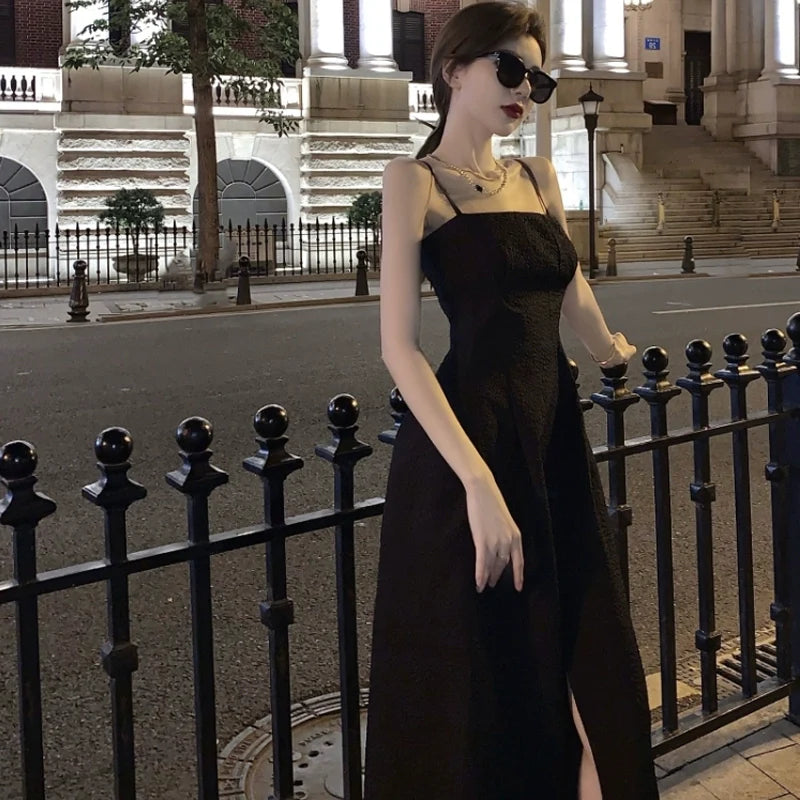 Black simple Spaghetti Straps dress women's summer long dress S5861