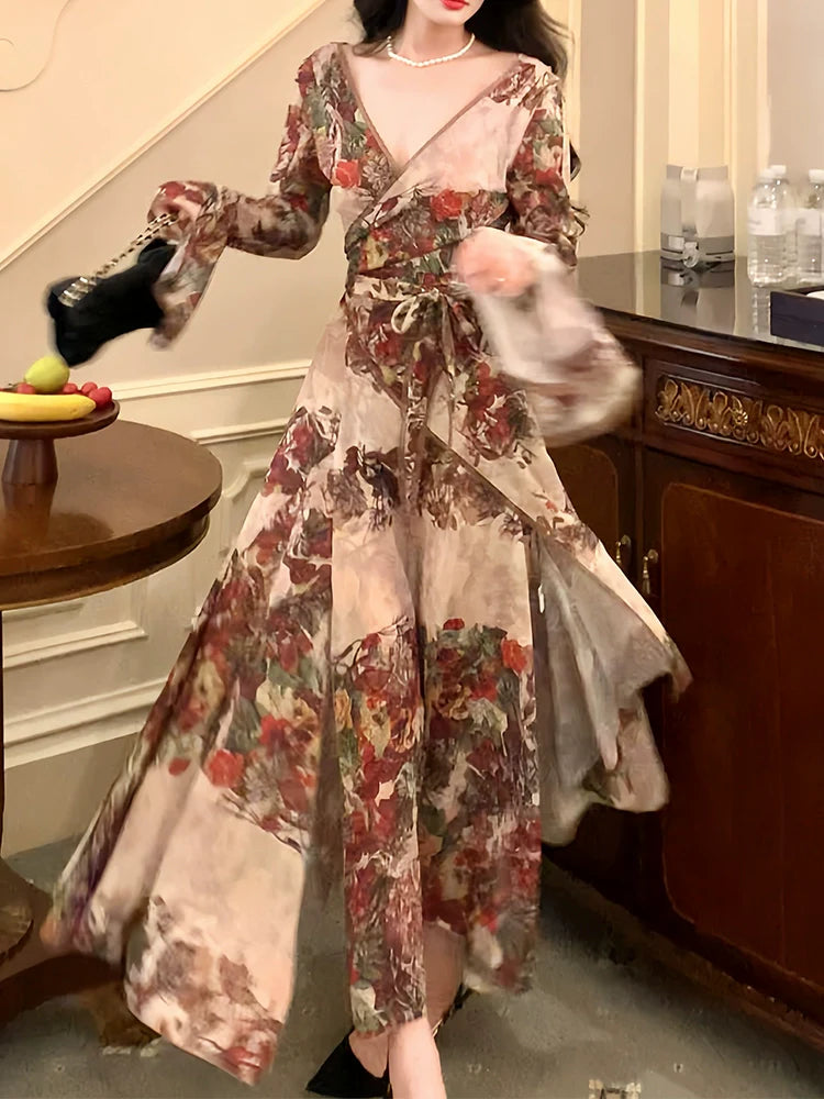 French retro printed dress layered long evening party dress S5987