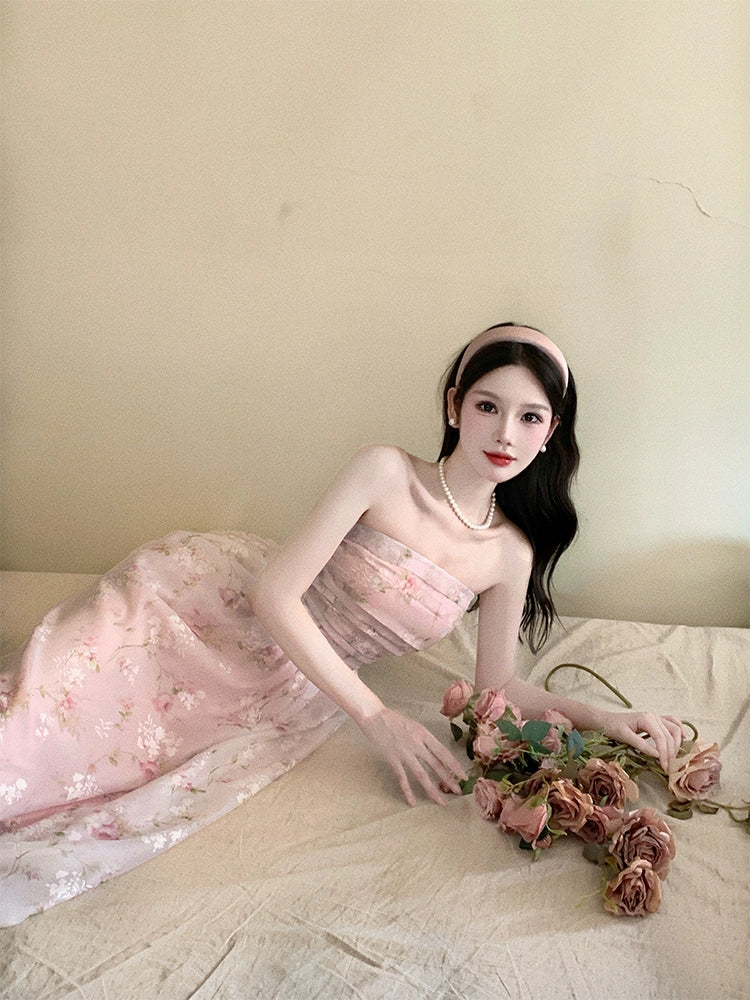 Pink dress with detachable straps, sweet floral dress S6016
