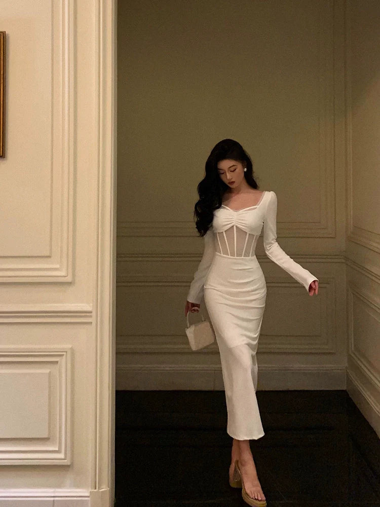White sexy long-sleeved dress party dress S5688