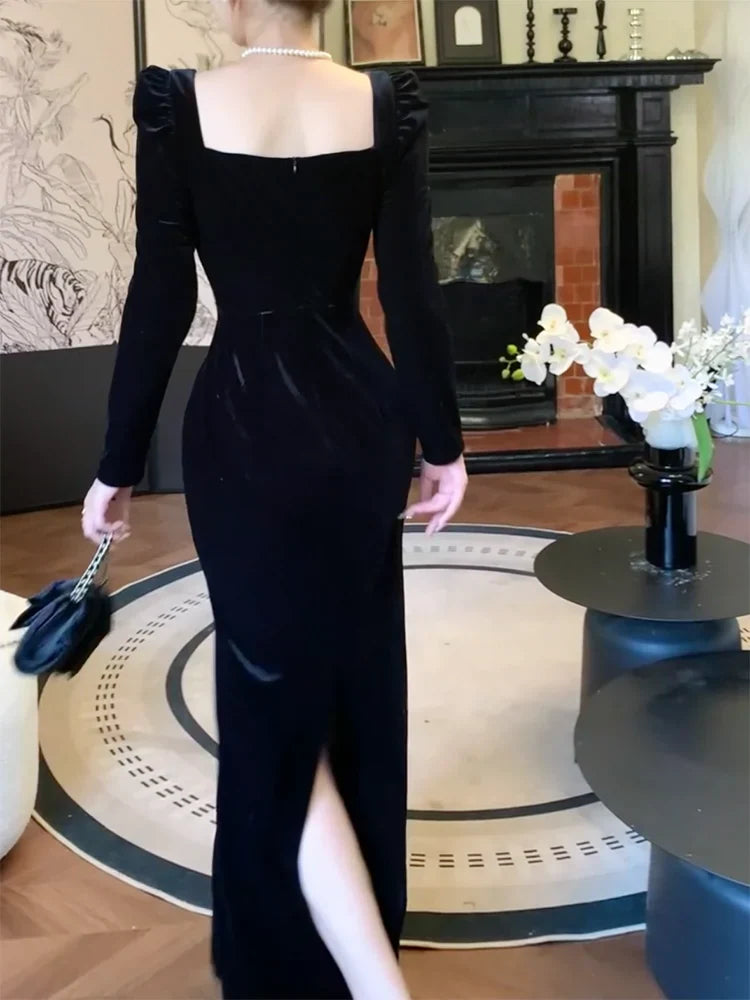 black velvet dress square neck long sleeve party dress S6104