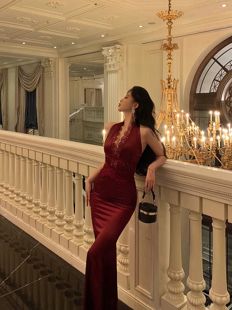Sexy halter neck dress for women summer new style banquet satin dress S5679