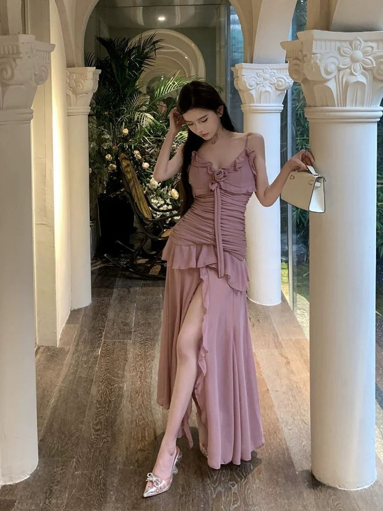 pink v-neck sexy suspender dress for women summer new slit long party dress S5810