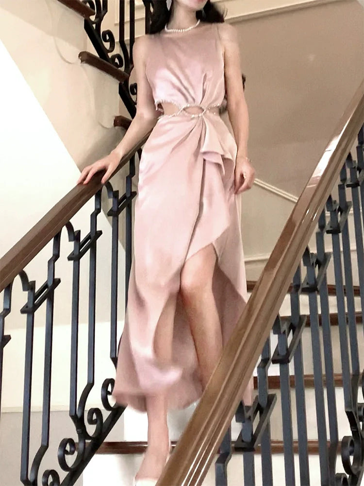 Pink Satin Pleated Long Birthday Party Dress Long Evening Gowns S6014