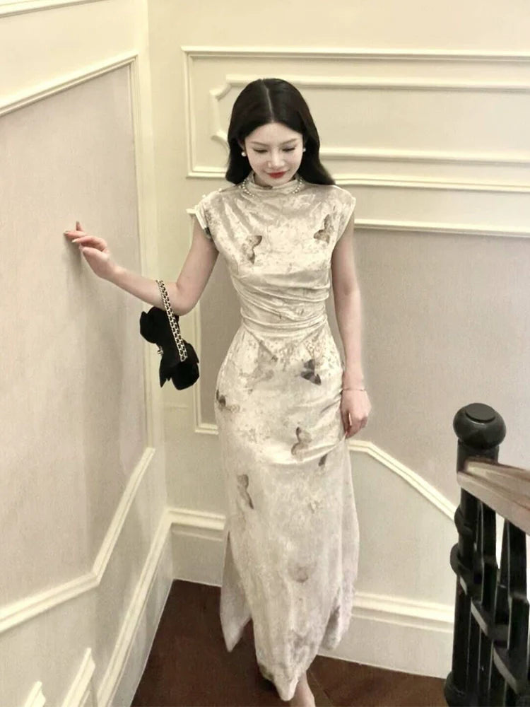 cheongsam new velvet new style printed dress evening gown S5981
