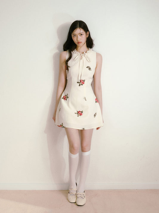 Beige 3D Flower Embroidered Sleeveless Dress with Lace-up Ruffles and Slim Waist Vest Dress R5135