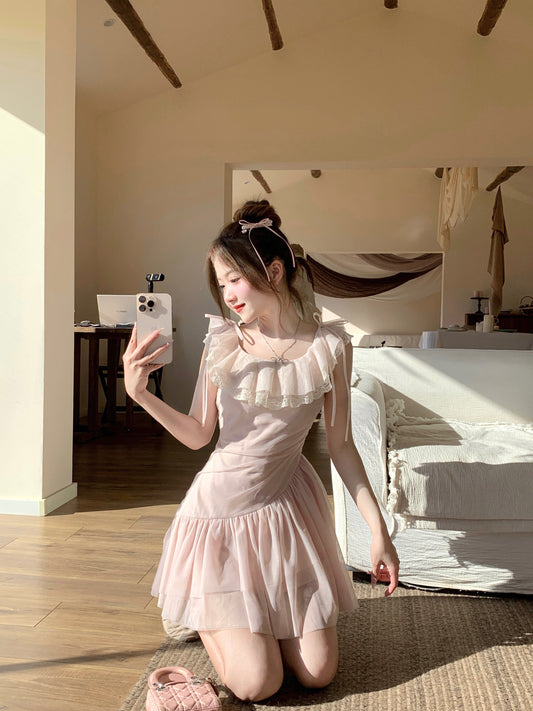 Pink fairy dress waist French tulle irregular princess skirt female summer R3906
