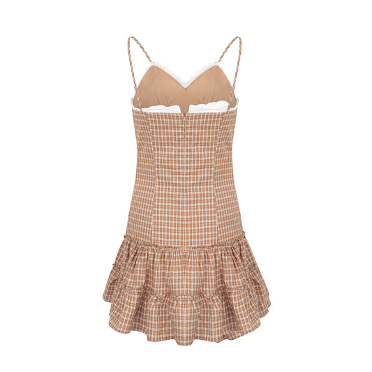French retro plaid lace bow knot V-neck suspender skirt with slim waist and holiday pleated short skirt R3098