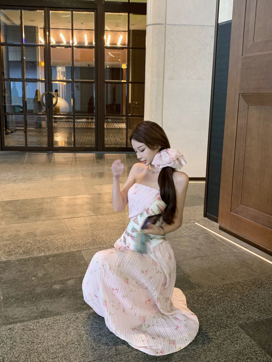 Gentle style pink floral hollow one-shoulder dress with waist A-line long skirt R0612