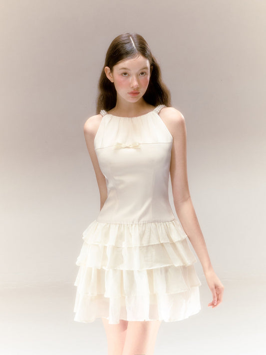 Satin Halter Neck Dress Three-Dimensional Pearl Three-Layer Cake Skirt R5207