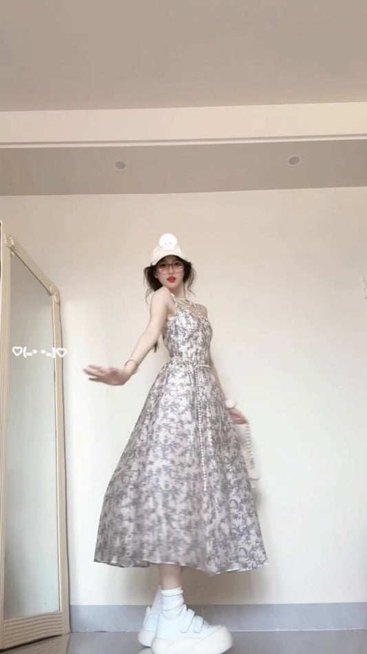Floral suspender dress new style beautiful waist temperament long dress R0590