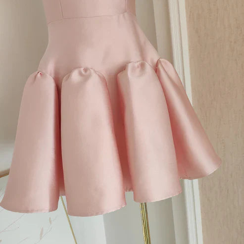 Retro Pink 3D Flowers Design A-line Strapless Satin Mini Party Dress Homecoming Dress D1523