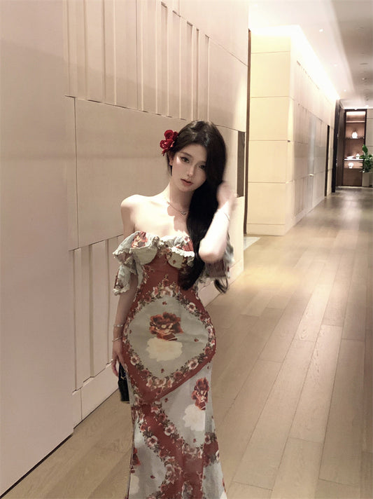 Retro tube top floral dress beautiful waist slim hip skirt R0573