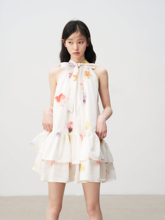 Sleeveless Floral Bow Tie Halter Dress with Ruffled Hem Tutu Skirt R5169