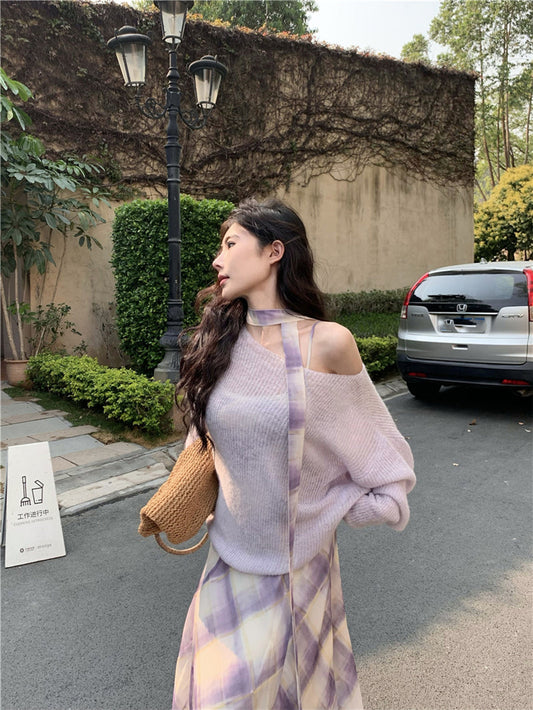 Gentle temperament purple plaid suspender dress beautiful waist A-line long skirt R0734