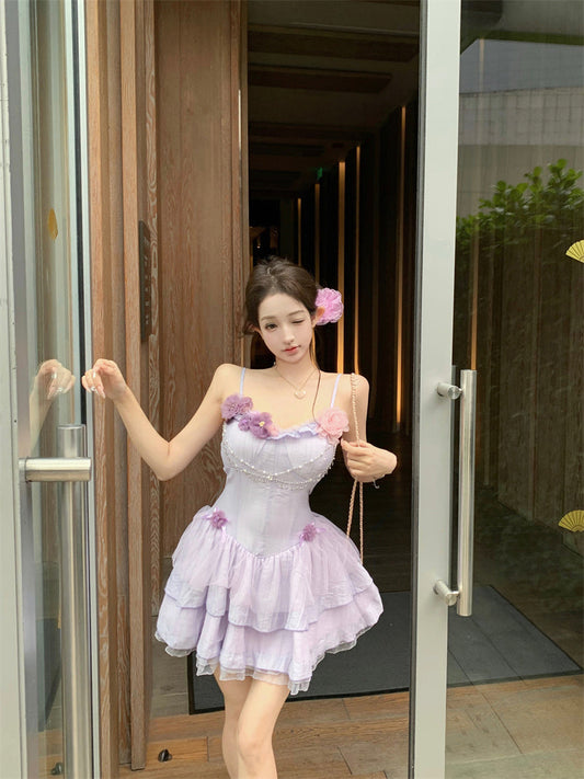 Purple suspender dress 2025 new style waist slim cake short skirt R0667