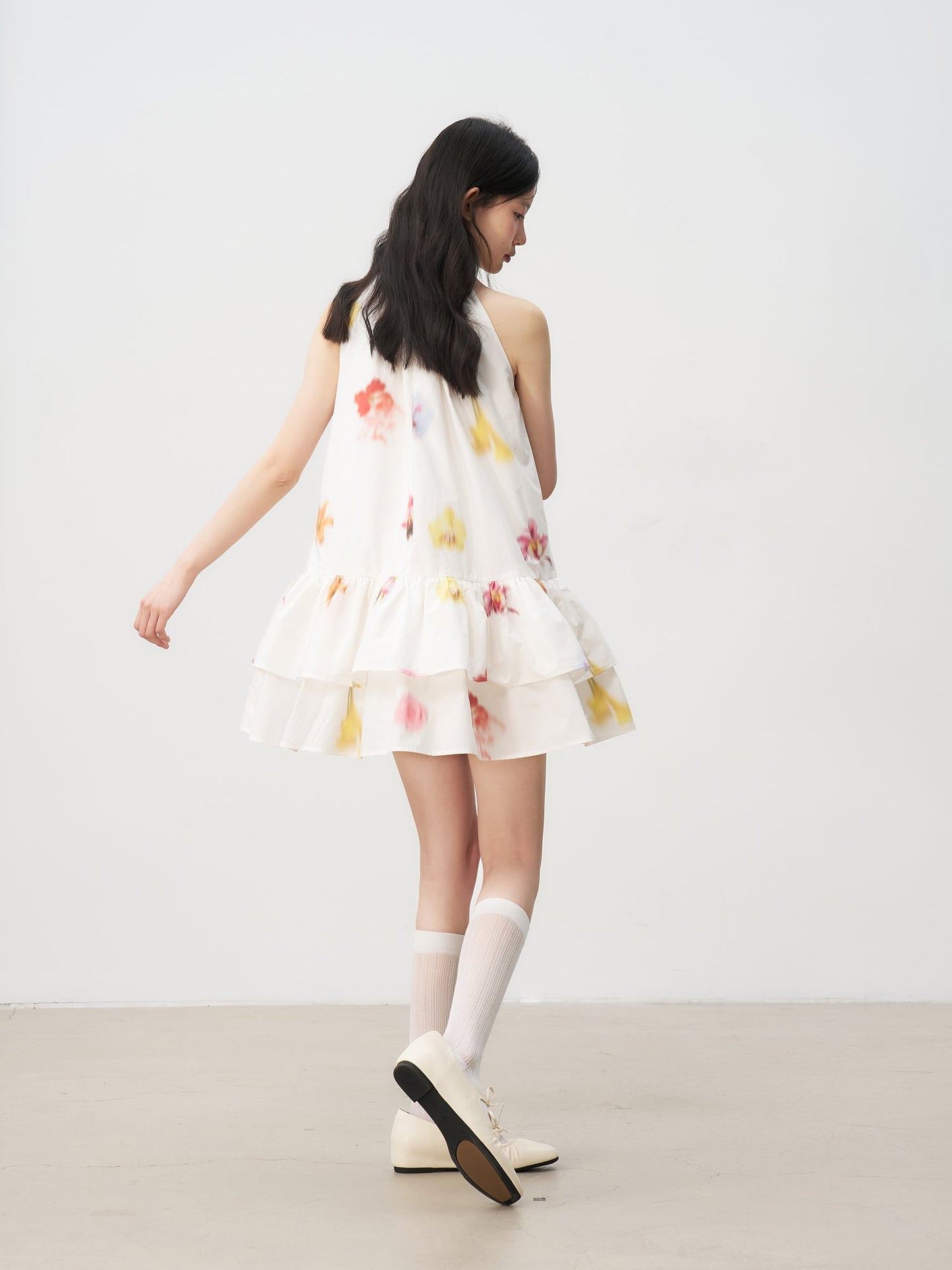 Sleeveless Floral Bow Tie Halter Dress with Ruffled Hem Tutu Skirt R5169