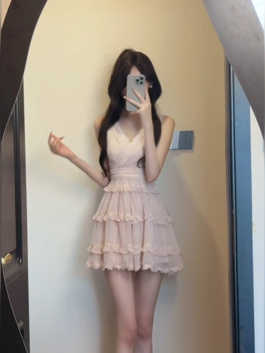 French sweet pink V-neck sleeveless women's summer temperament princess dress waist chiffon skirt R3600