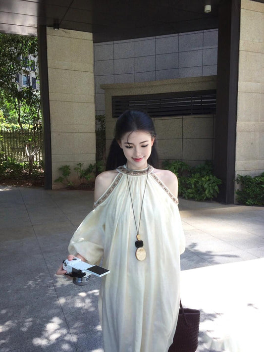 Off-the-shoulder dress, relaxed French long skirt R0552
