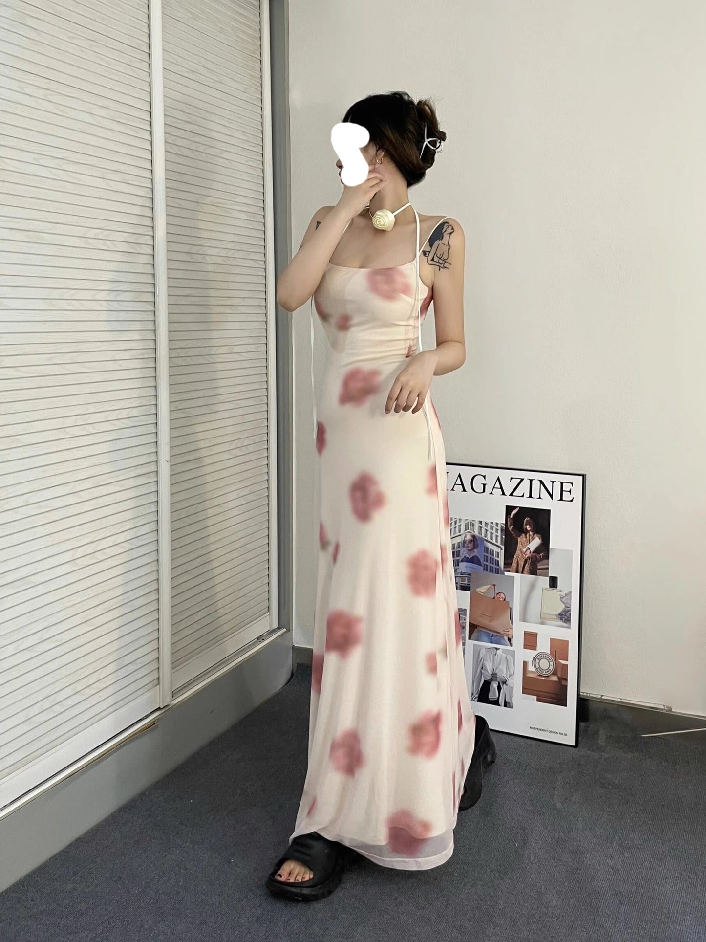 Human peach print elastic mesh suspender dress for women summer slim and tall sexy high-end long skirt R0089
