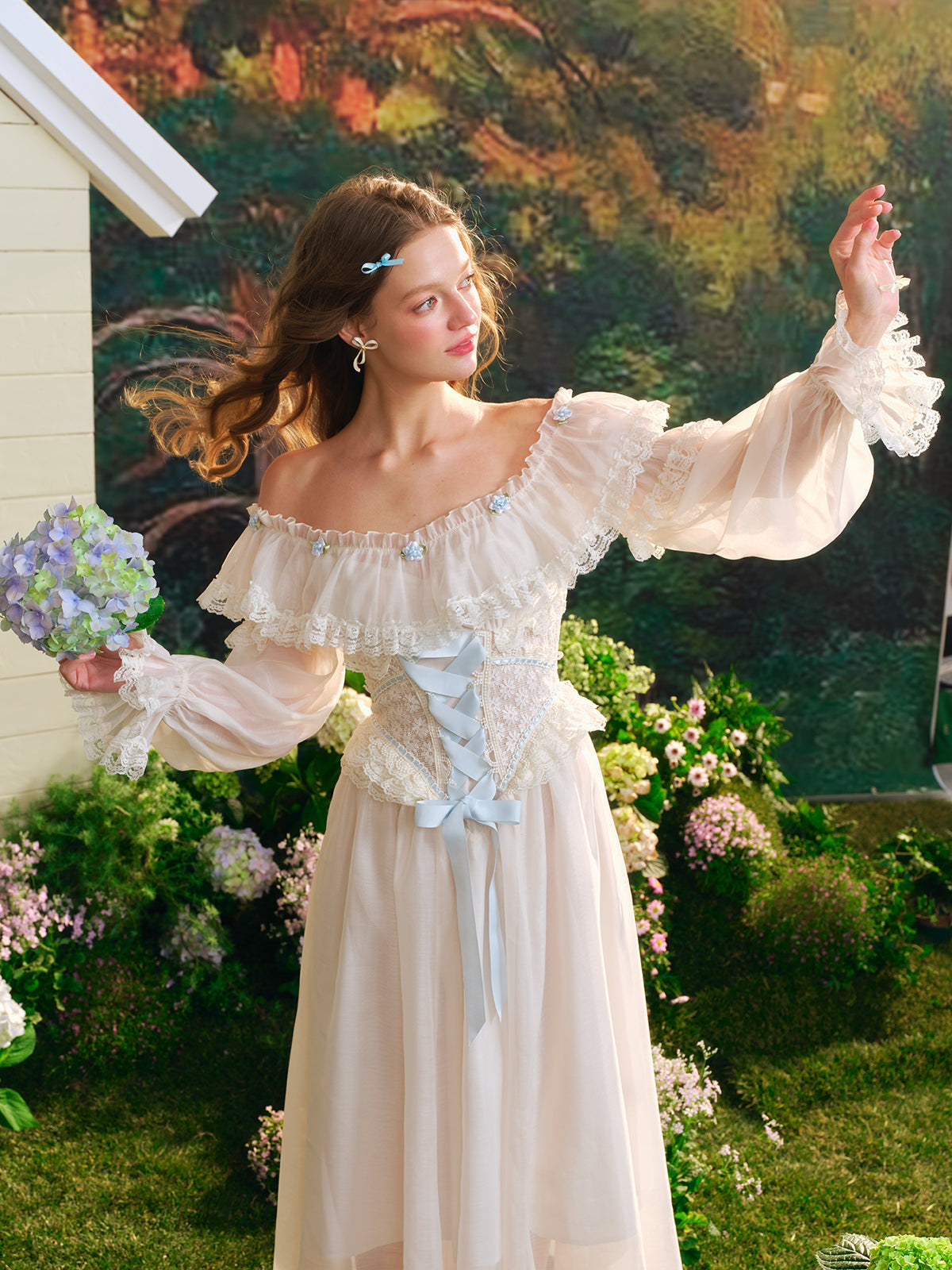 French fairy dress one-shoulder white long dress lace fishbone skirt long sleeves R5103