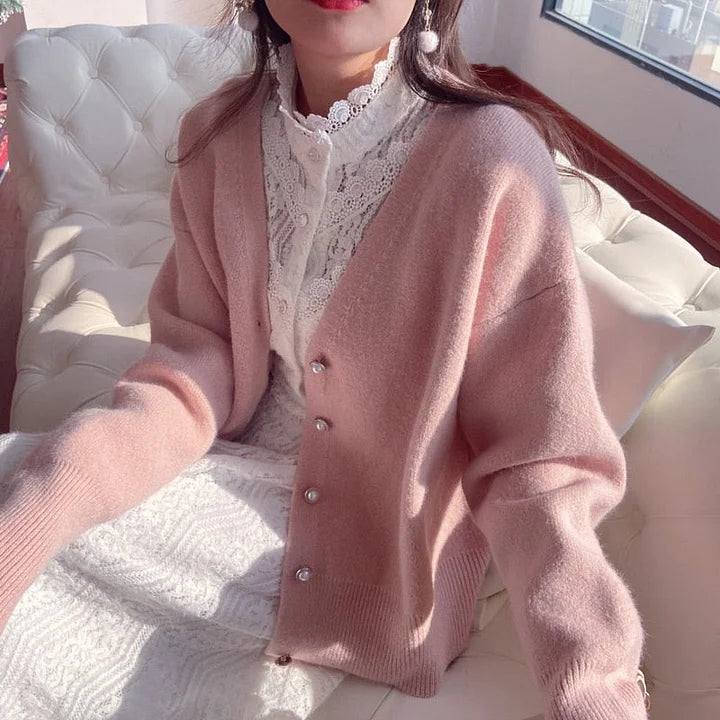 Vintage Top Cardigan Women Sweater Pink Blue V-Neck Knitted Solid Clothes Fashion New S2749