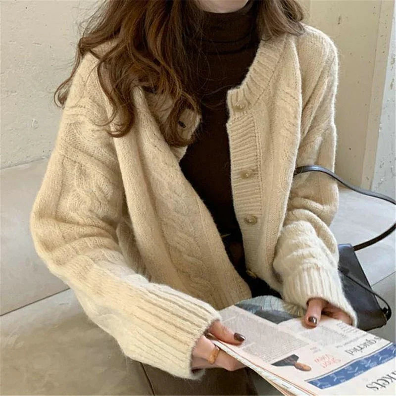Coarse Needle Twisted Single-breasted Knitted Retro Cardigan Sweater S2789