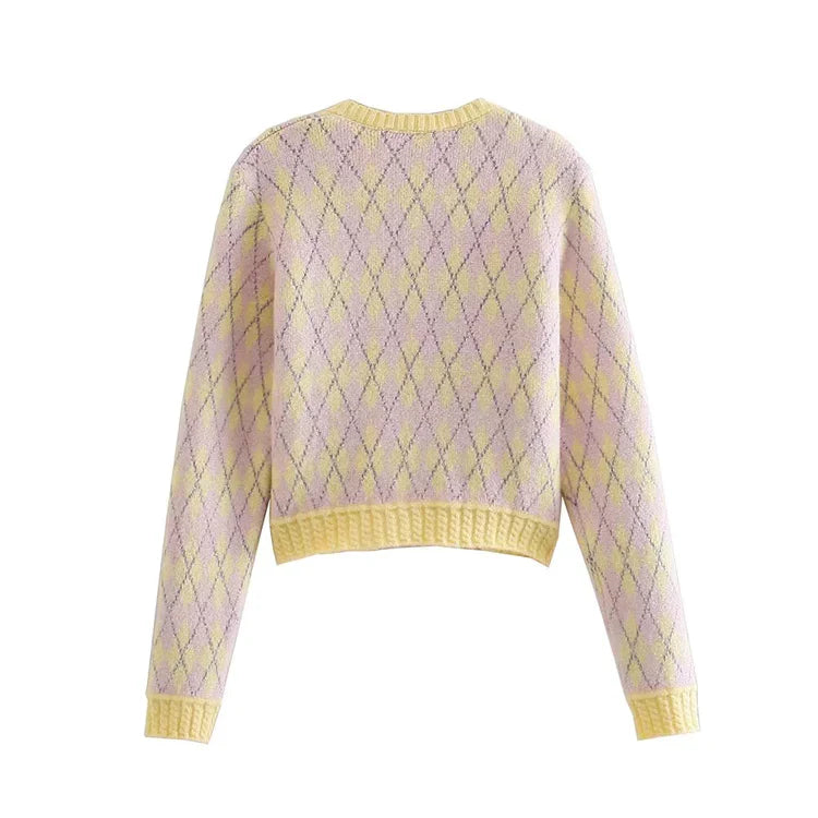 Versatile diamond check sweater cardigan jacket S2525