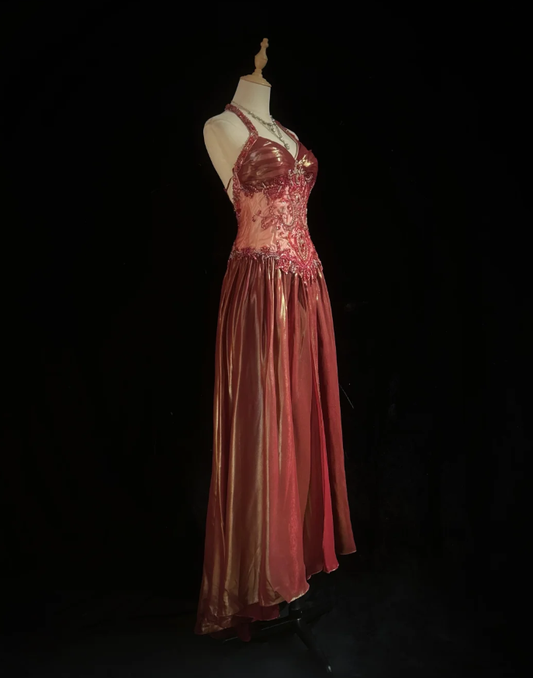 Retro Halter Satin Beaded A Line Long Wedding Guest Dress Formal Birthday Prom Dress Evening Gown SP1440