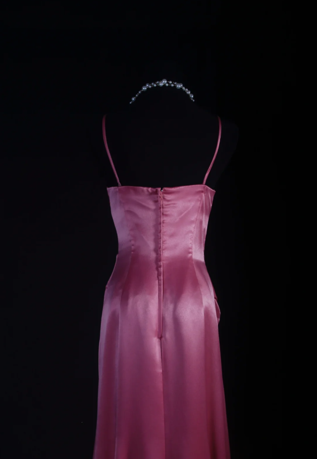 Elegant Pink Satin Pleated Mermaid Long Wedding Guest Dress Formal Party Dress D2008