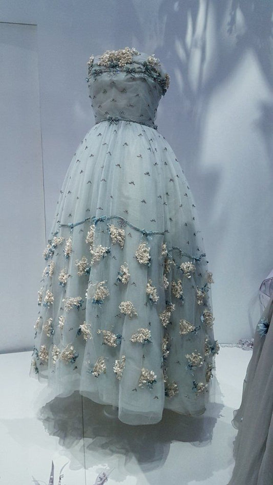 Retro Palace Light Gray Blue Strapless 3D Flower Tulle Ball Gown Evening Dress cc4833