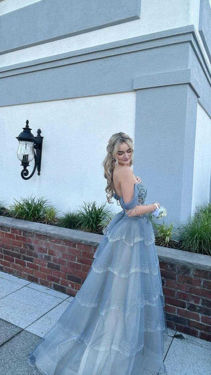 Princess Blue Off-shoulder Layered Tulle Long Ball Gown Evening Dress cc4970