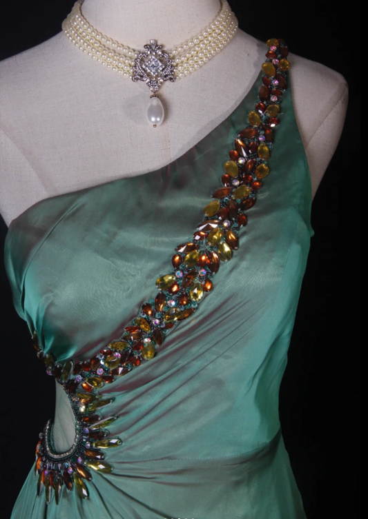 Vintage Green One Shoulder Satin Chiffon Beaded Mermaid Long Evening Dress Birthday Dress D2269