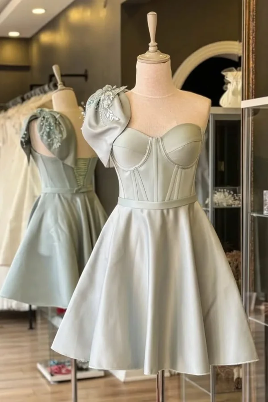 Charming Bow One Shoulder A Line Short 7th Grade Homecoming Dress White Formal 21st Birthday Outfits D545
