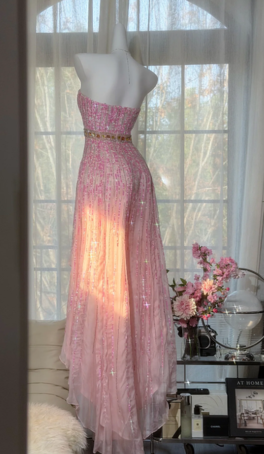 Glamorous Pink Strapless Chiffon Sequin Beaded Mermaid Party Dress Long Prom Dress D2291