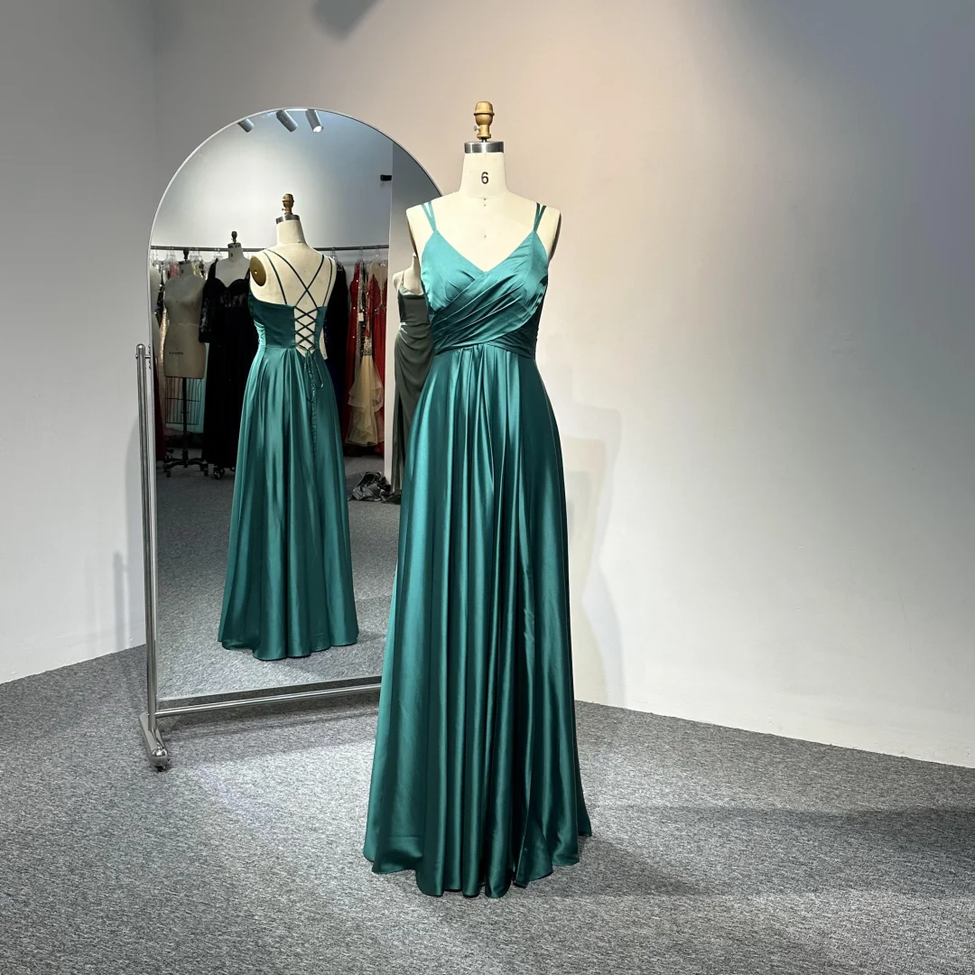 Elegant Green V Neck Satin A Line Long Bridesmaid Dress Formal Wedding Guest Dress D2026